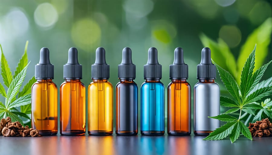 Selection of CBD oil bottles alongside a CBD vaporizer device