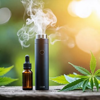 A modern CBD vaporizer releasing light vapor, set against a calming backdrop with hemp leaves and CBD oil bottles, reflecting a tranquil and smoke-free lifestyle.