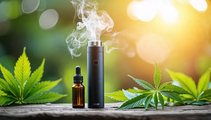 A modern CBD vaporizer releasing light vapor, set against a calming backdrop with hemp leaves and CBD oil bottles, reflecting a tranquil and smoke-free lifestyle.