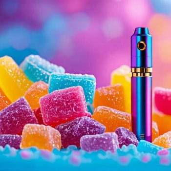 A sophisticated arrangement showcasing assorted colorful THC gummies next to a modern vape pen, symbolizing the safe and responsible use of cannabis products.