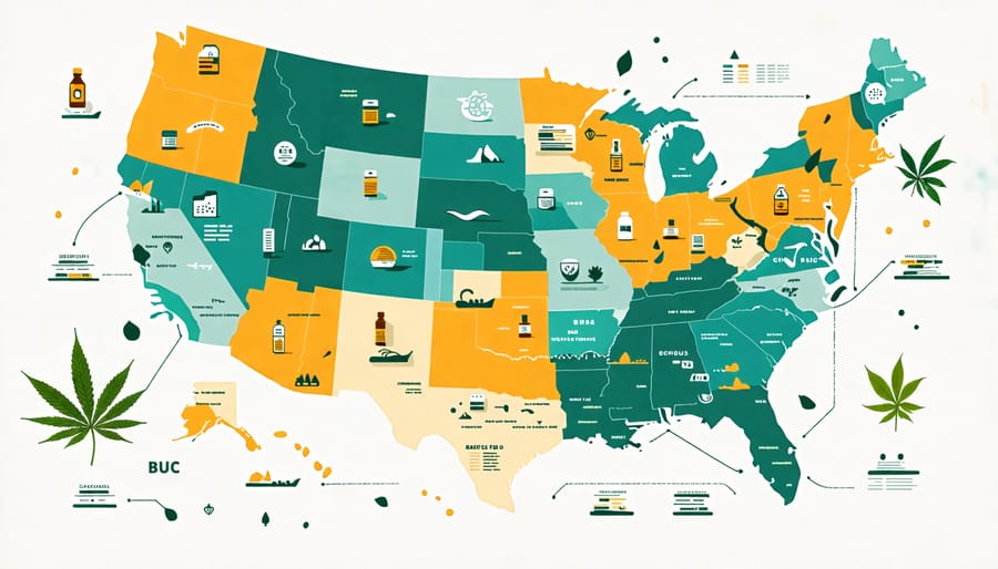 A geographical map illustrating varying legality of THC products in different regions