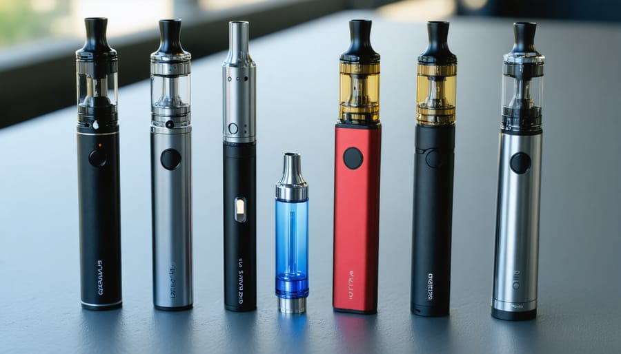 Different types of vaping devices displayed on a wooden table