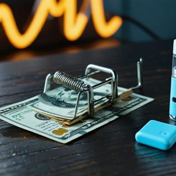 Close-up of a mousetrap clamped on a generic credit card with folded cash beside a small vape pod device on a dark wooden table, with blurred storefront lights in the background.