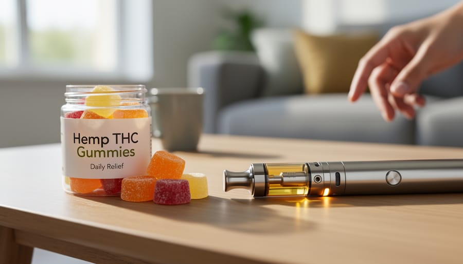 Hemp THC gummies on a wooden tray placed next to a vape cartridge and mouthpiece.
