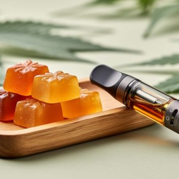 Hemp THC gummies on a wooden tray next to a vape cartridge and mouthpiece, shown in a close-up comparison-style scene.