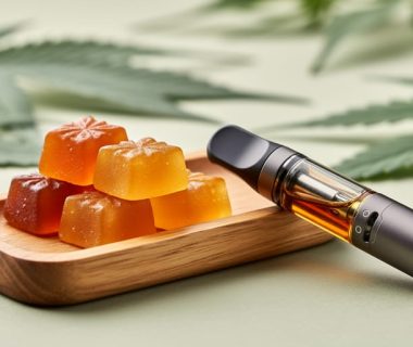 Hemp THC gummies on a wooden tray next to a vape cartridge and mouthpiece, shown in a close-up comparison-style scene.