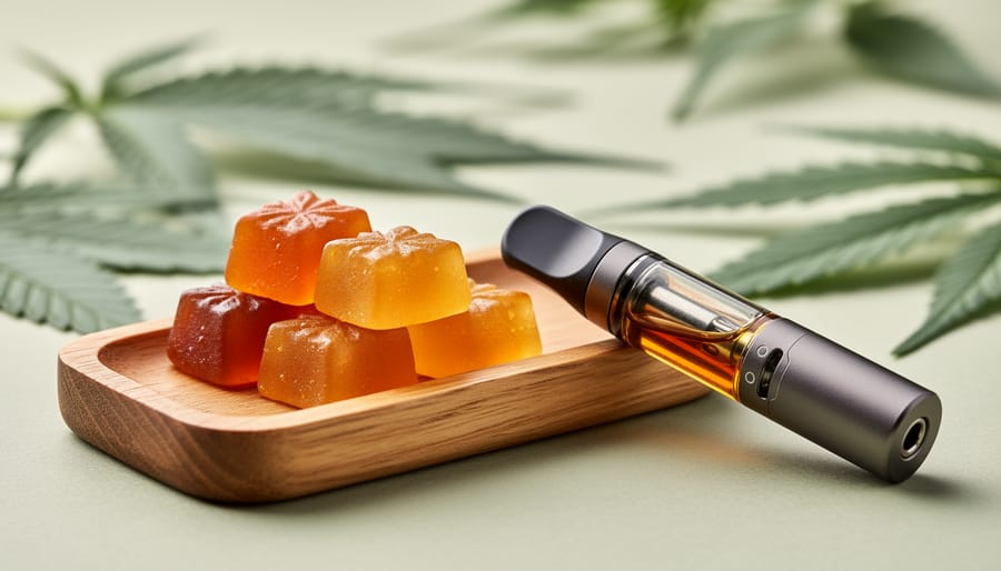 Hemp THC gummies on a wooden tray next to a vape cartridge and mouthpiece, shown in a close-up comparison-style scene.