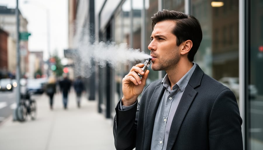 Modern vape device on a desk with subtle vapor in the air.
