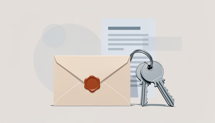 Keys and a sealed envelope on a desk with a blurred phone symbolizing verification and transparency.
