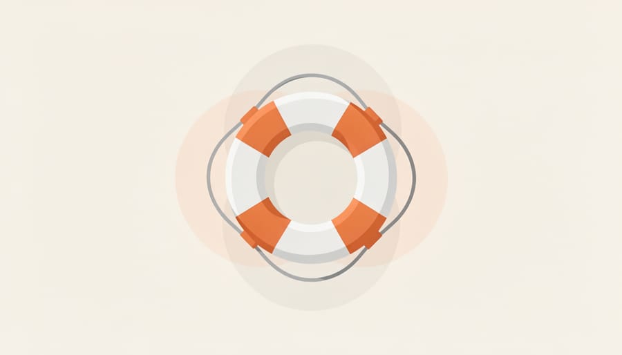 An orange lifebuoy ring near the shoreline symbolizing protective safety and harm reduction.