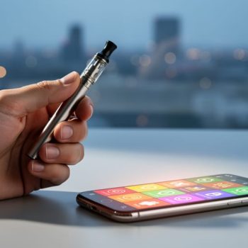 Close-up of a hand holding a vaping device next to a smartphone on a desk, symbolizing responsible product reviews for online casino play.