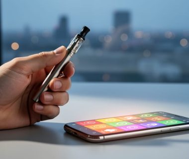 Close-up of a hand holding a vaping device next to a smartphone on a desk, symbolizing responsible product reviews for online casino play.