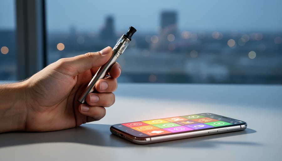 Close-up of a hand holding a vaping device next to a smartphone on a desk, symbolizing responsible product reviews for online casino play.