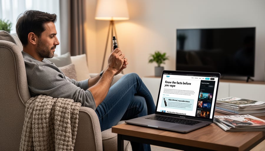 A person holding a smartphone while using a vape device in a modern lounge.